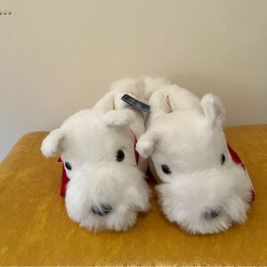 VTG Women’s White Scotty Dog Plush Slippers Bloomingdales Scarf Carousel Sz. S